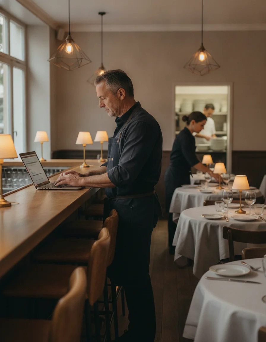Un restaurateur tape le nom de son établissement sur son ordinateur, au bar, avant le service