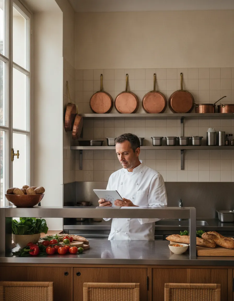 Un chef consulte le diagnostic de son restaurant sur une tablette, au passe de sa cuisine