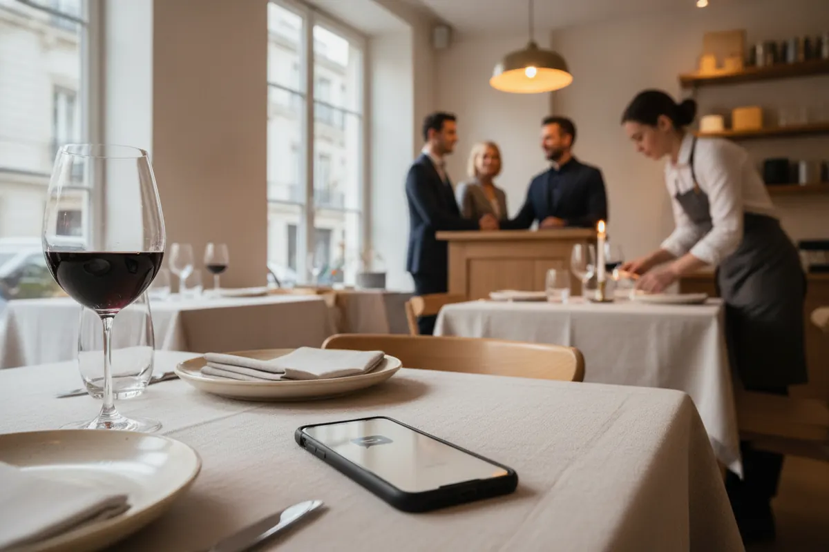Un téléphone posé sur une table dressée affiche une confirmation, pendant que l'hôte accueille des clients